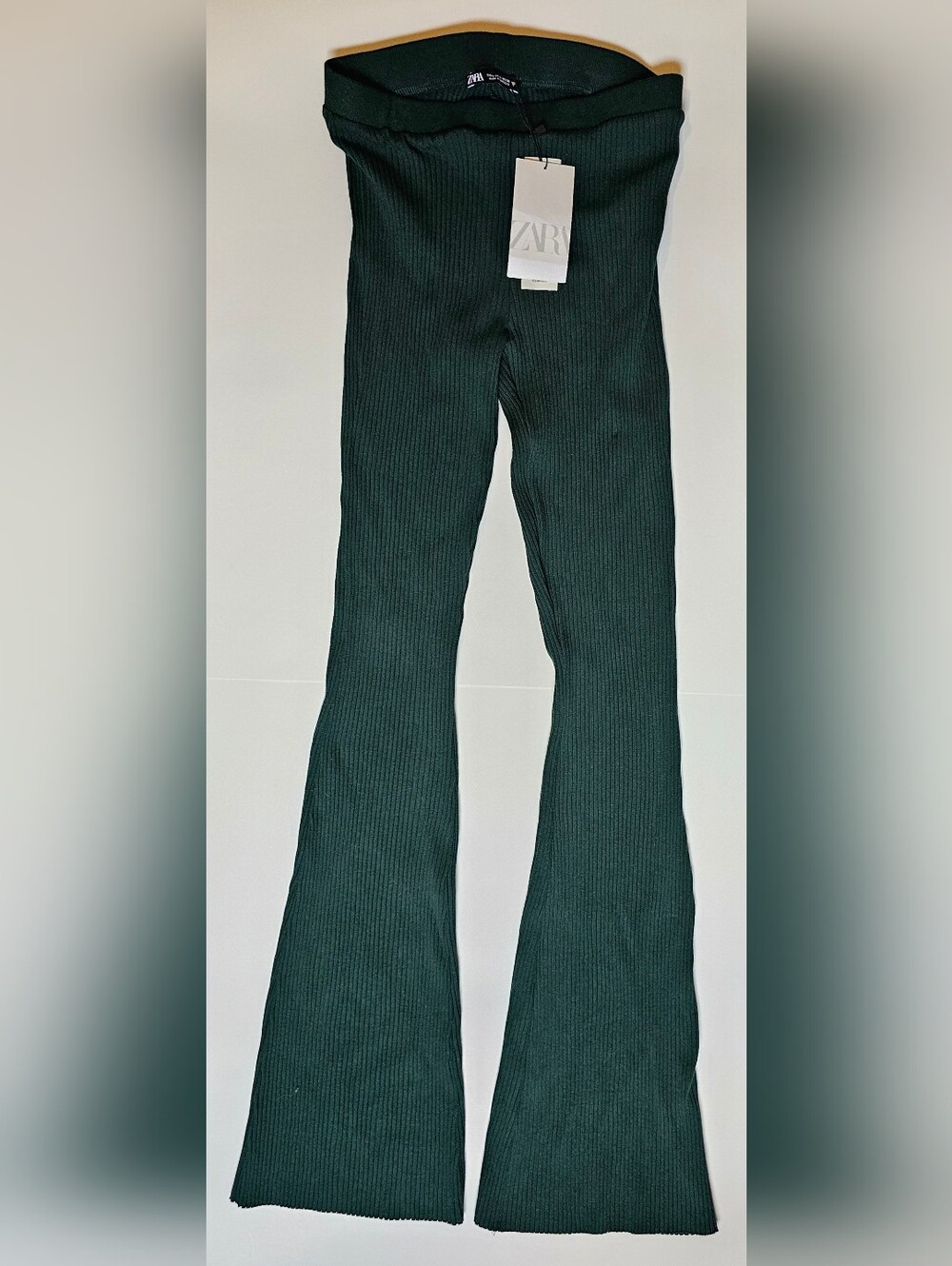 ZARA Forest Green Ribbed Flare Wide-Leg Knit Pants - Size Large